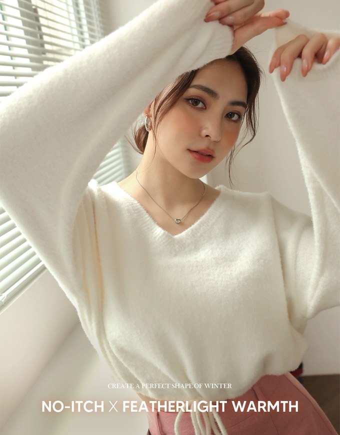 Long Sleeve V Neck Drawstring Knitted Top